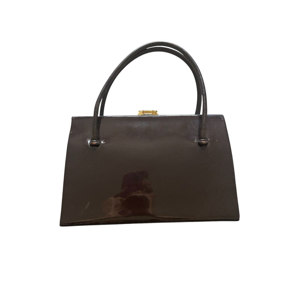 Waldybag Classic Dainty Dark Chestnut Brown Patent Leather Top Handles Bag 1950s - Picture 4 of 13